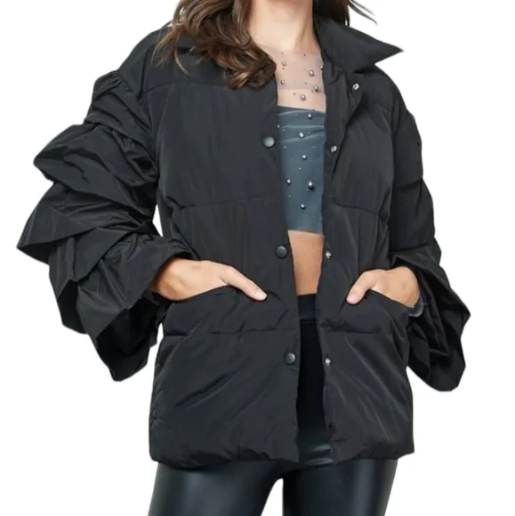 Women's Black Tiered Ruffle Sleeve Puffer Coat NWT - (#0137) - Picture 1 of 2